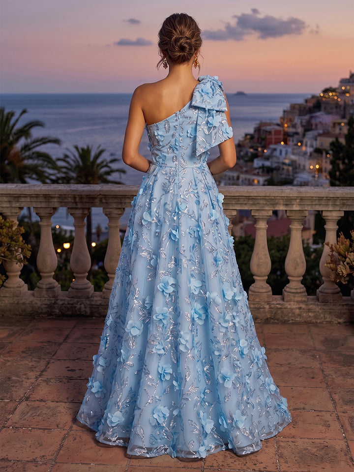 Sequin Floral A Line One Shoulder Bow Pleats Evening Dresses