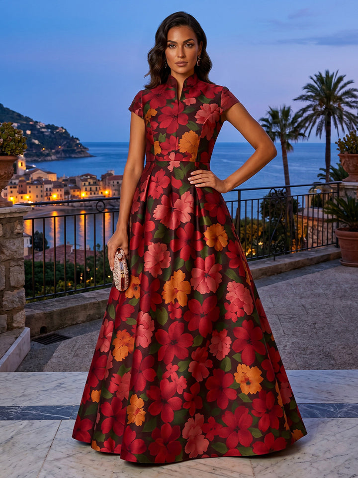 Floral Print A Line V Neck elegent Ruched Evening Dresses