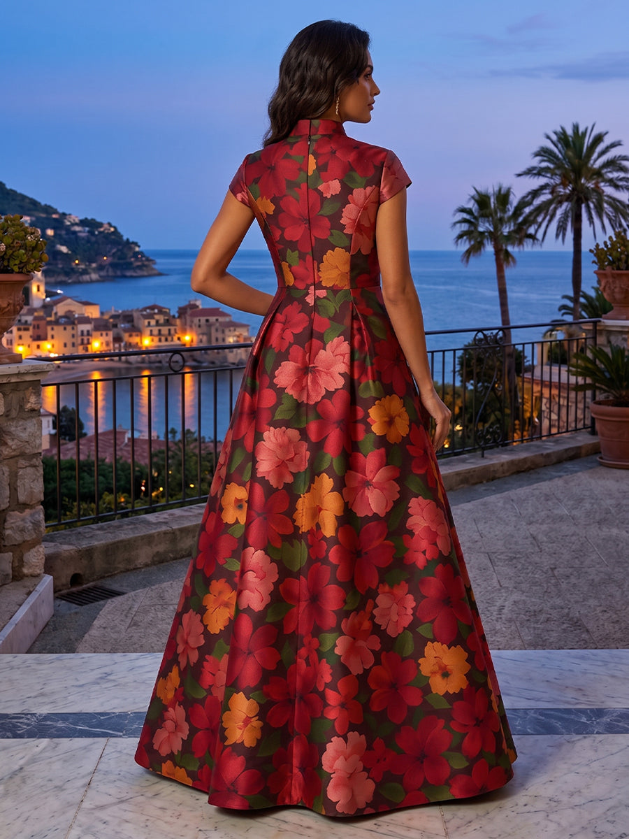 Floral Print A Line V Neck elegent Ruched Evening Dresses
