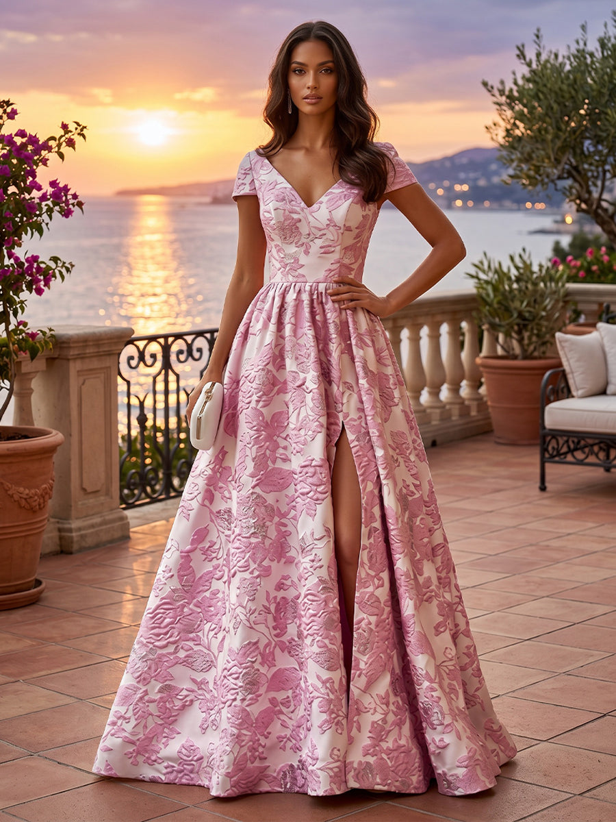 Jacquard A Line V Neck Side Slit Ruched Evening Dresses