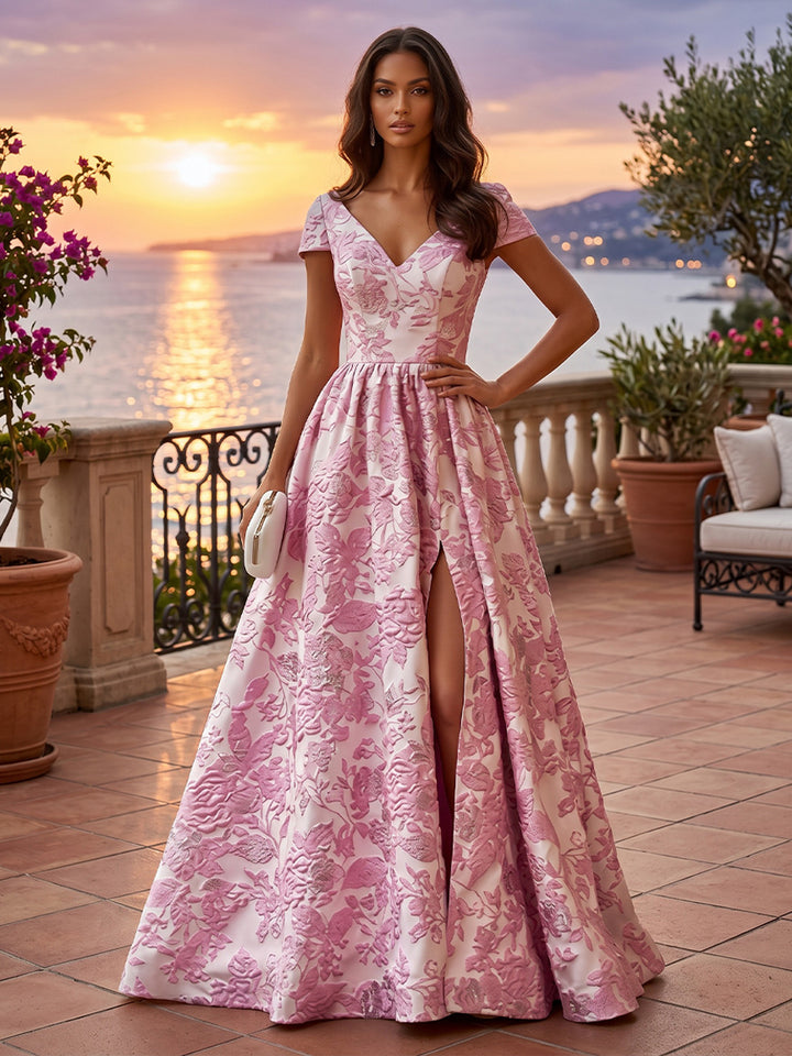 Jacquard A Line V Neck Side Slit Ruched Evening Dresses
