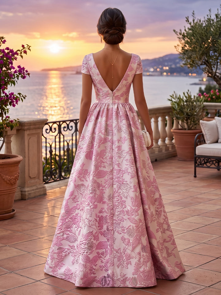 Jacquard A Line V Neck Side Slit Ruched Evening Dresses