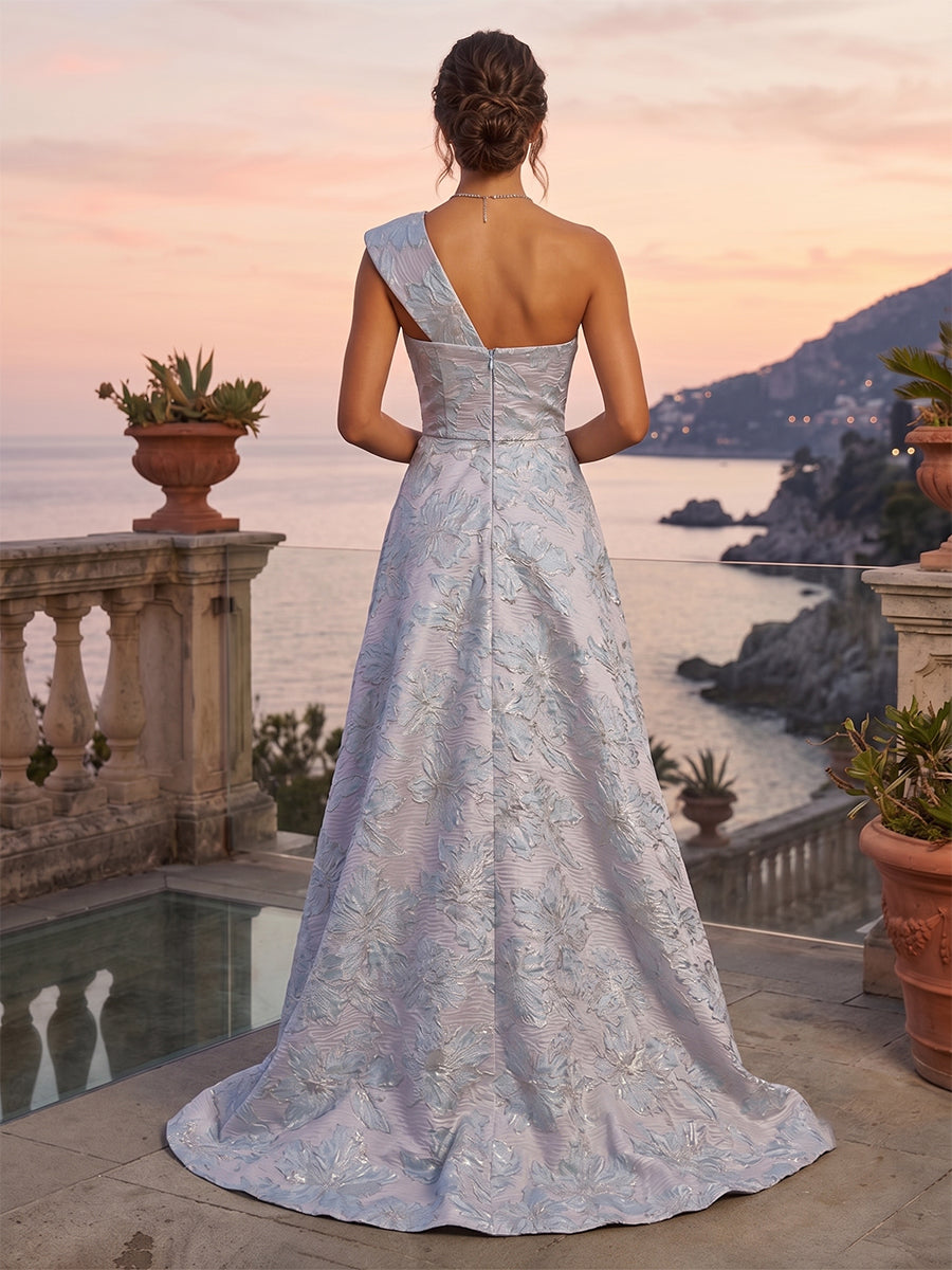 Jacquard High Low One Shoulder Ruffles Ruched Evening Dresses
