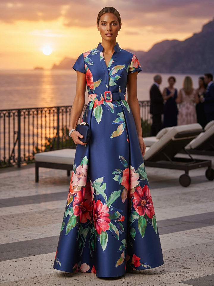 Floral Print A Line V Neck Belt Ruched Evening Dresses