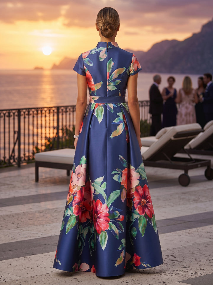 Floral Print A Line V Neck Belt Ruched Evening Dresses