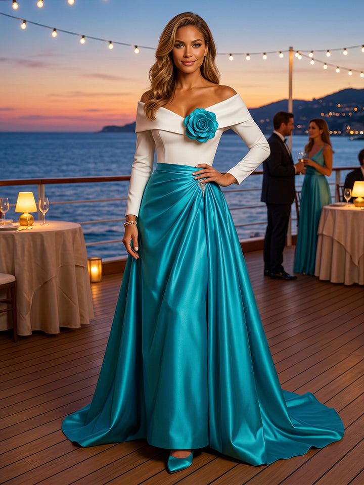 Satin A Line Off the Shoulder 3D Flowers Ruched Evening Dresses