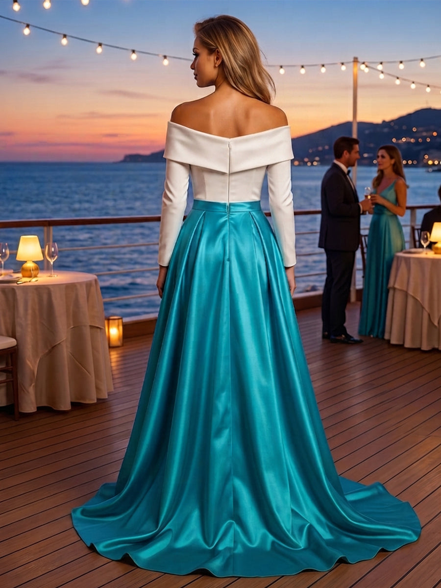 Satin A Line Off the Shoulder 3D Flowers Ruched Evening Dresses