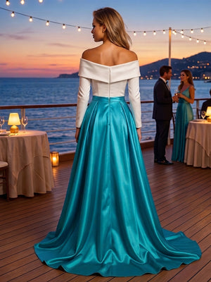 Satin A Line Off the Shoulder 3D Flowers Ruched Evening Dresses