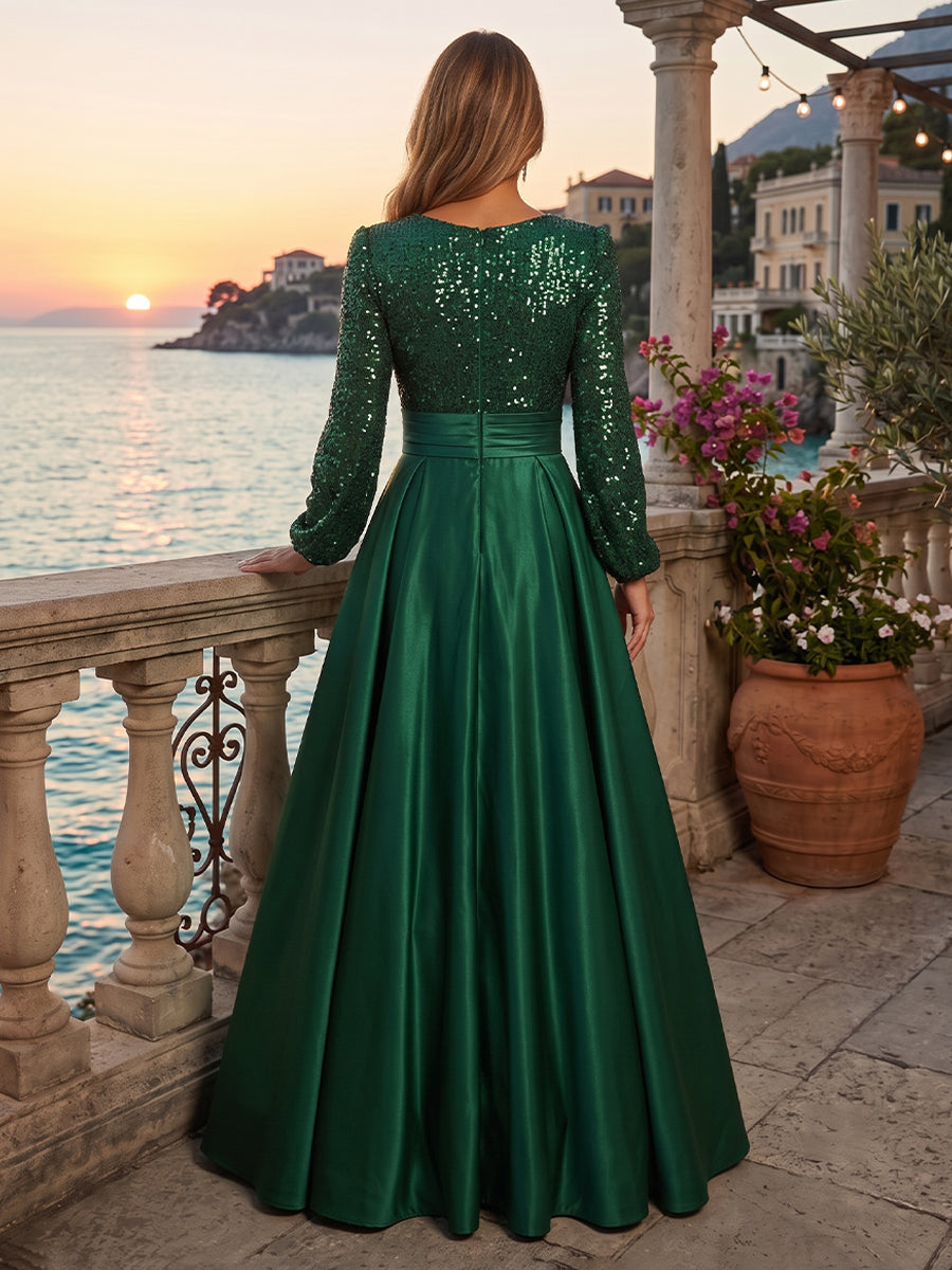 Satin A Line V Neck Sequin Ruched Evening Dresses