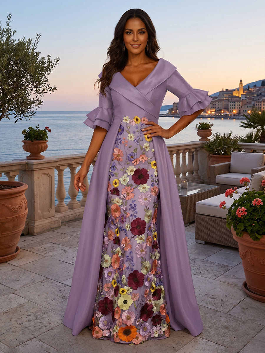 Embroidery A Line V Neck Ruffles Ruched Evening Dresses