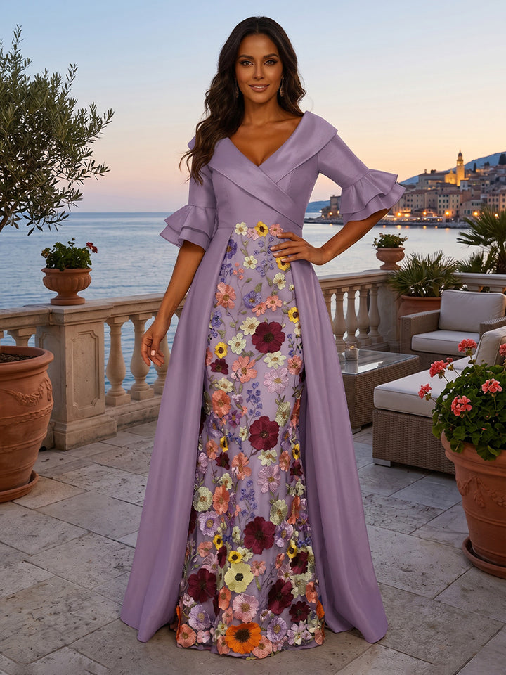 Embroidery A Line V Neck Ruffles Ruched Evening Dresses