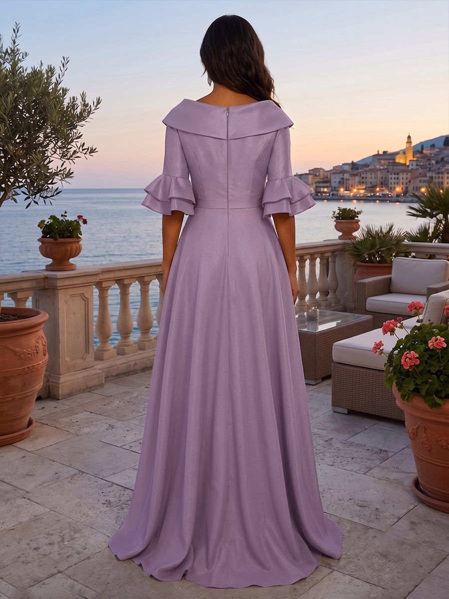Embroidery A Line V Neck Ruffles Ruched Evening Dresses