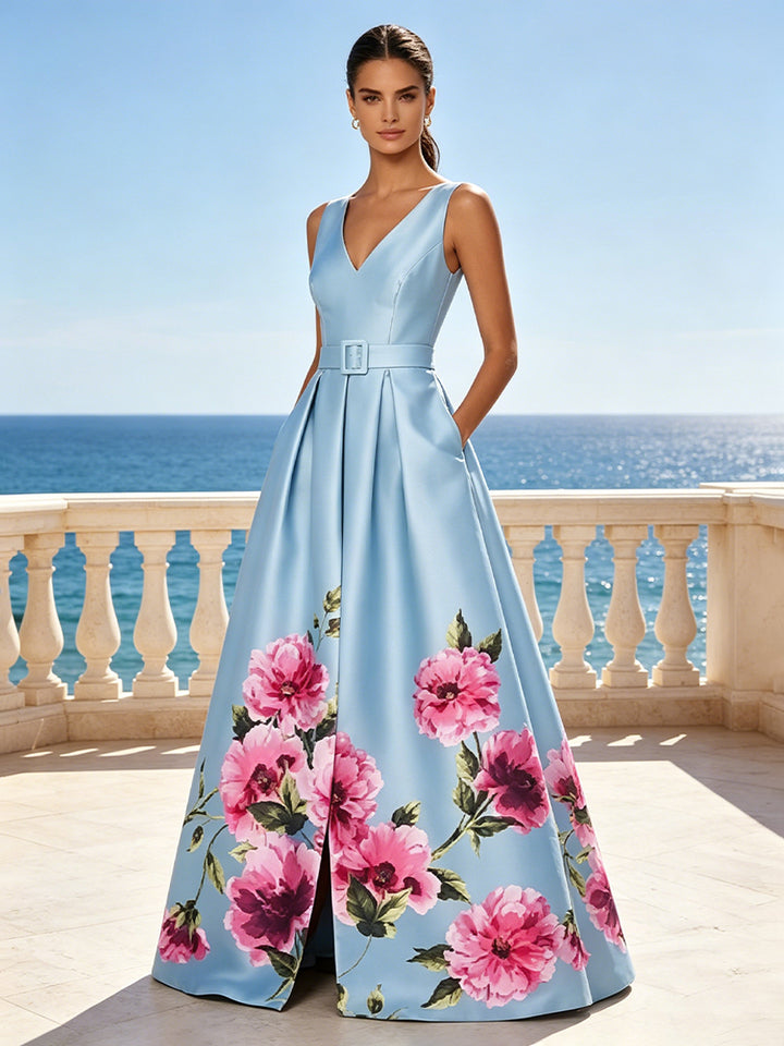 Floral Print A Line V Neck Belt Ruched Evening Dresses