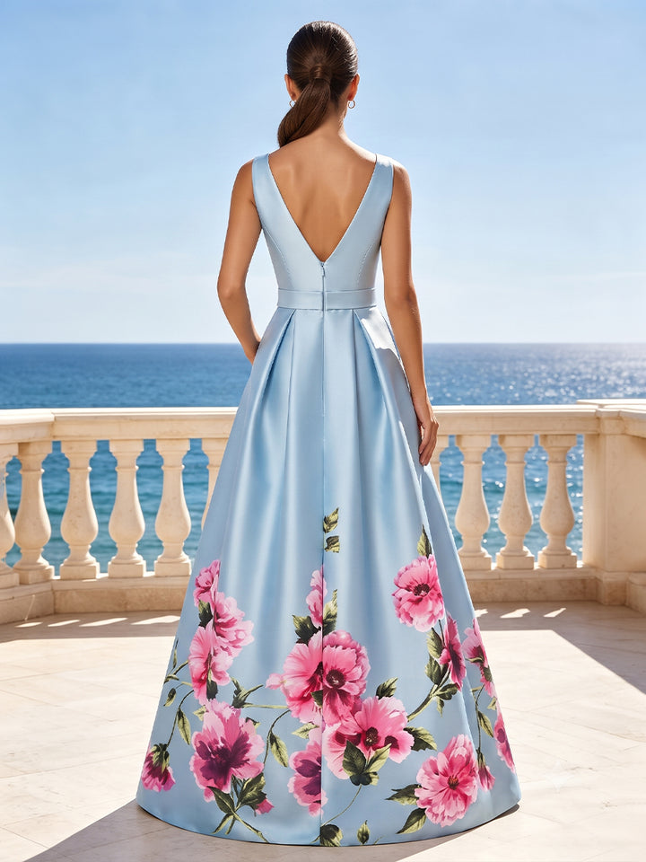 Floral Print A Line V Neck Belt Ruched Evening Dresses