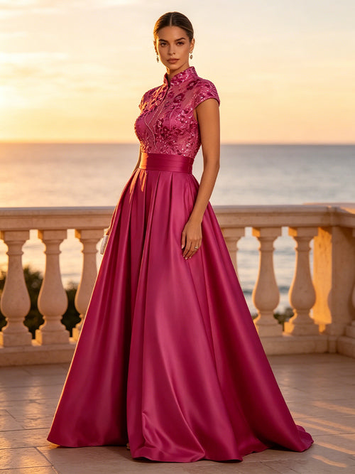 Satin A Line V Neck Sequin Floral Ruched Evening Dresses
