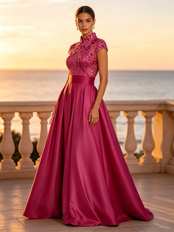 Satin A Line V Neck Sequin Floral Ruched Evening Dresses