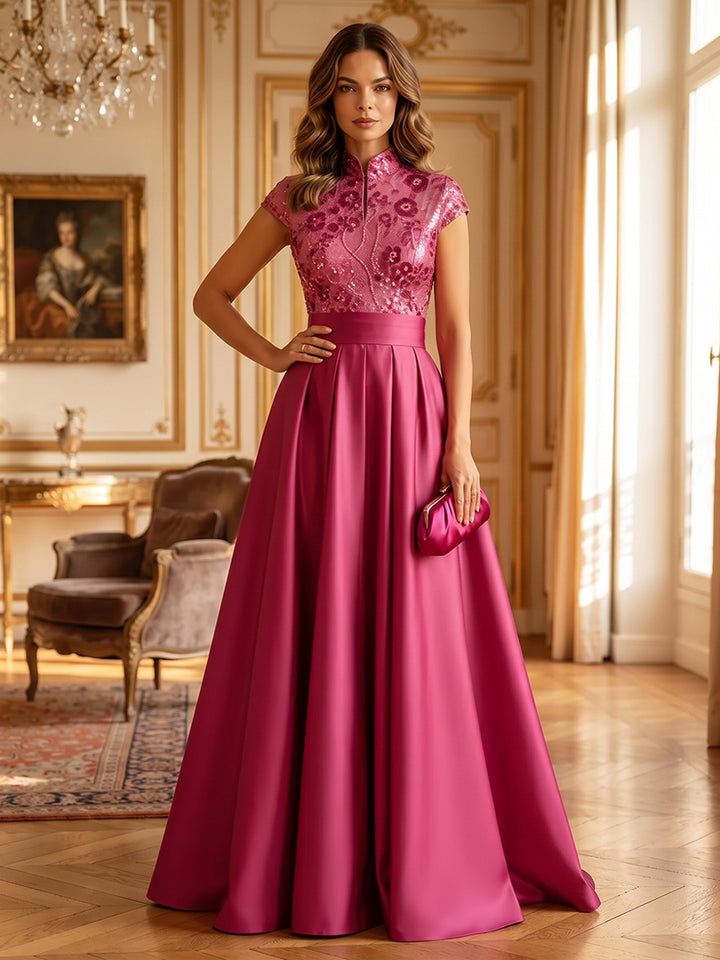 Satin A Line V Neck Sequin Floral Ruched Mother of the Bride Dresses