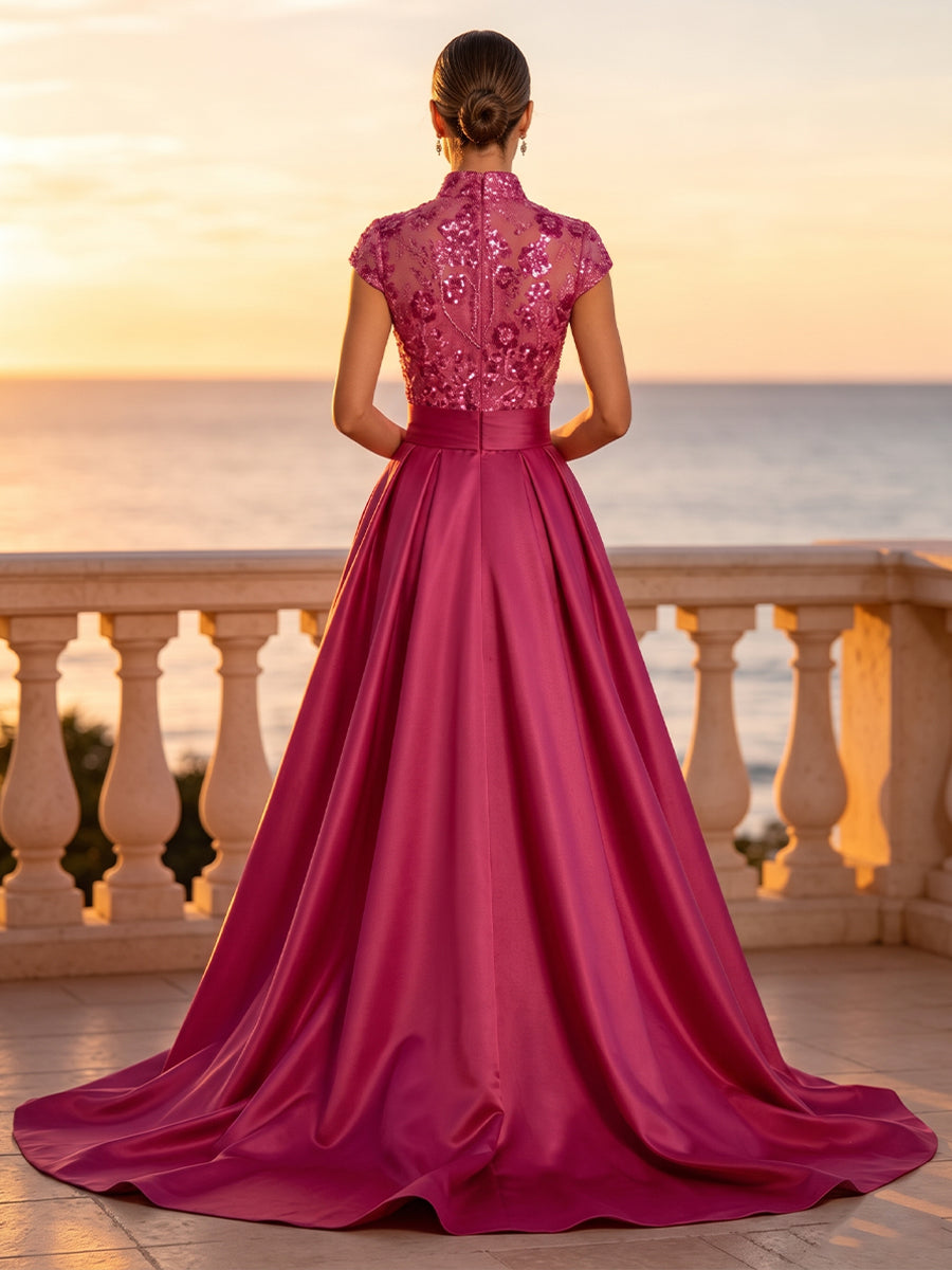 Satin A Line V Neck Sequin Floral Ruched Mother of the Bride Dresses