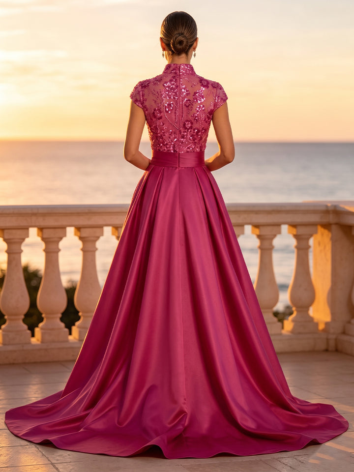 Satin A Line V Neck Sequin Floral Ruched Mother of the Bride Dresses