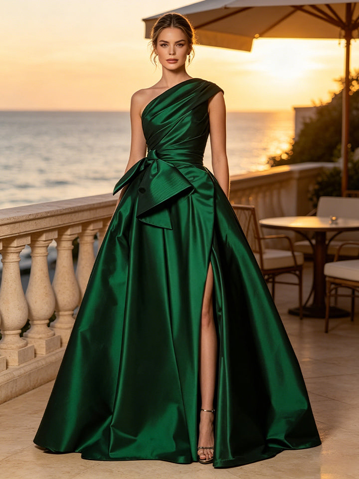 Satin A Line One Shoulder Sash Side Slit Evening Dresses