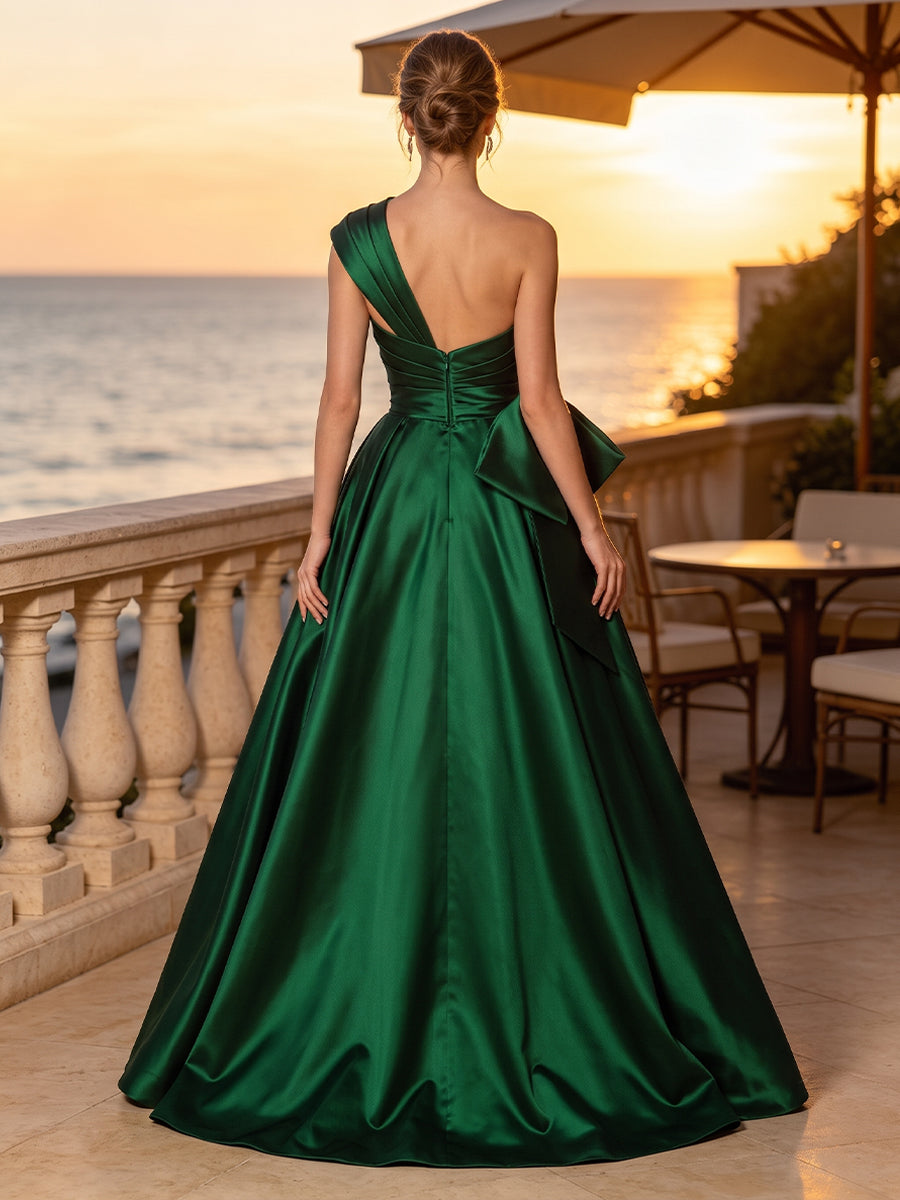 Satin A Line One Shoulder Sash Side Slit Evening Dresses