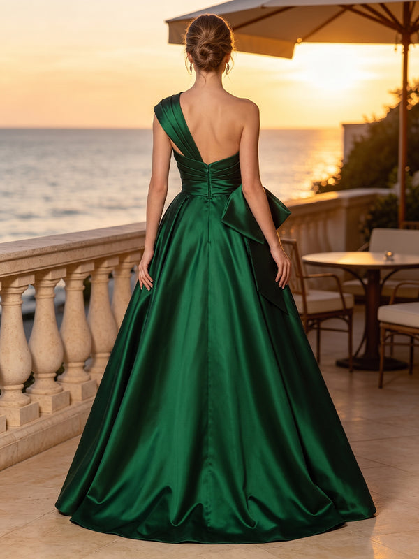 Satin A Line One Shoulder Sash Side Slit Evening Dresses
