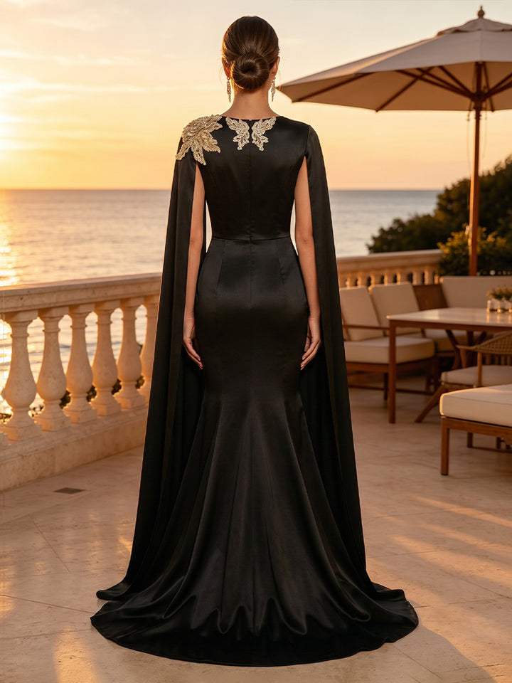 Satin Mermaid Scoop Neck Sequin Floral Ruched Evening Dresses