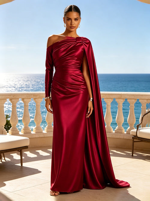 Satin Sheath One Shoulder Sash Ruched Evening Dresses