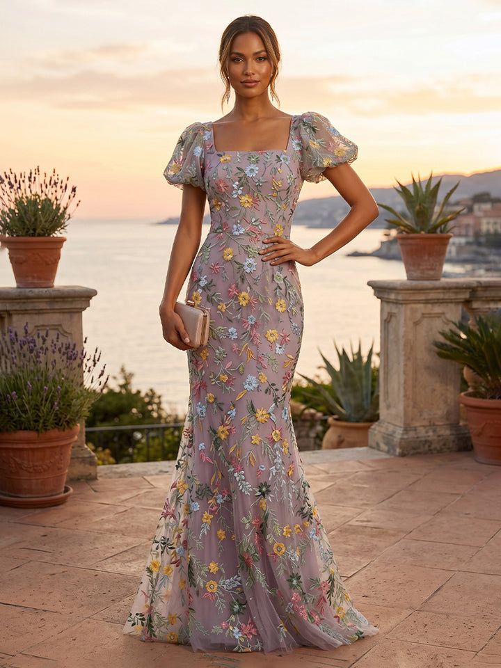 Embroidery Mermaid Square Neck Tight elegent Evening Dresses