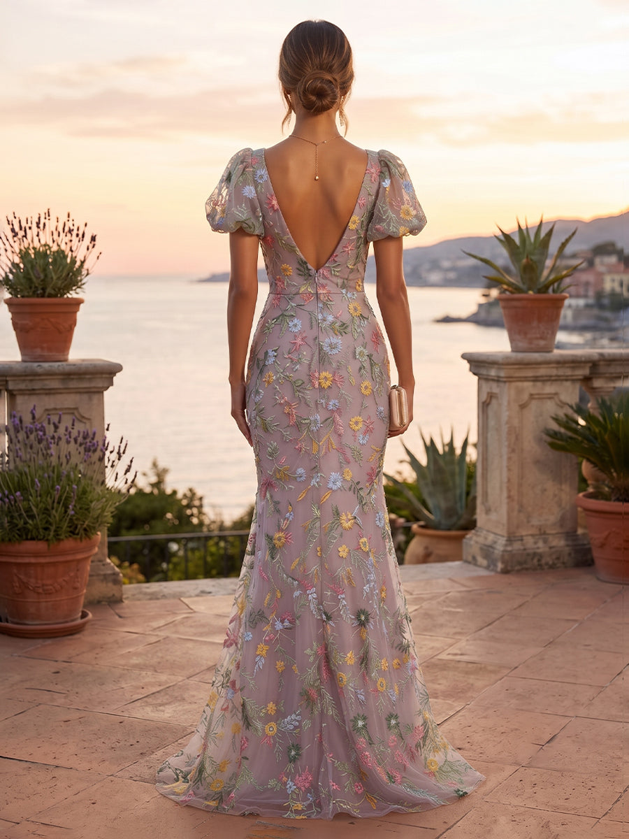 Embroidery Mermaid Square Neck Tight elegent Evening Dresses