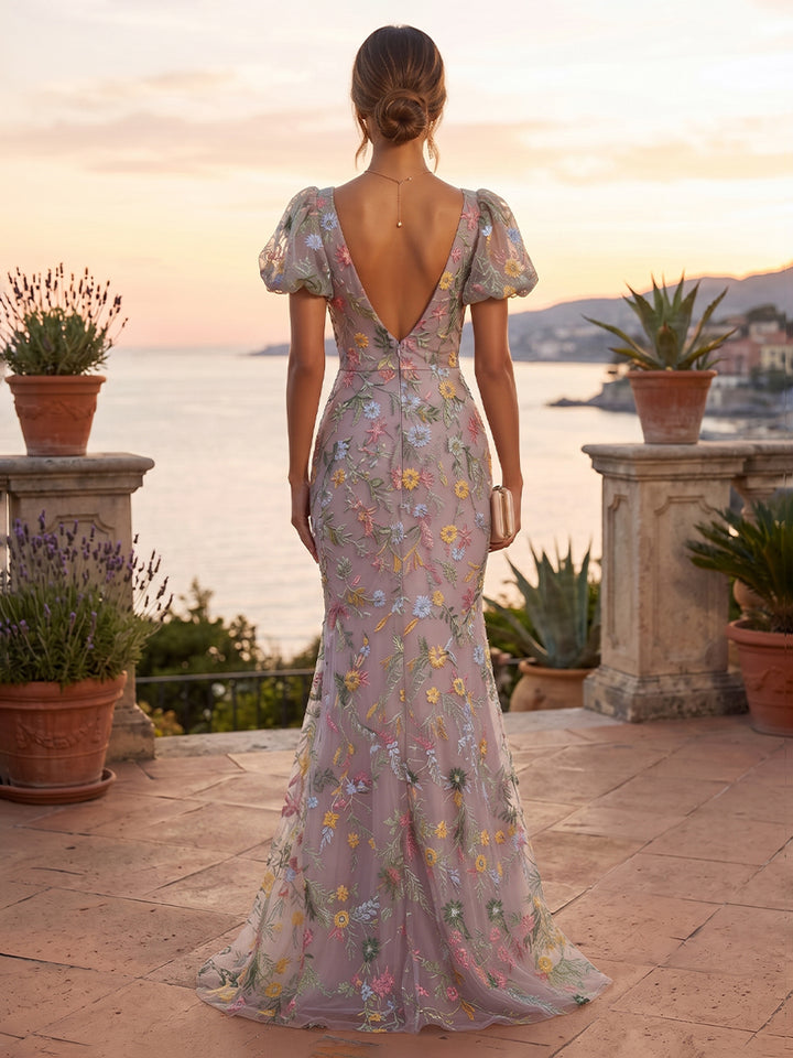 Embroidery Mermaid Square Neck Tight elegent Evening Dresses