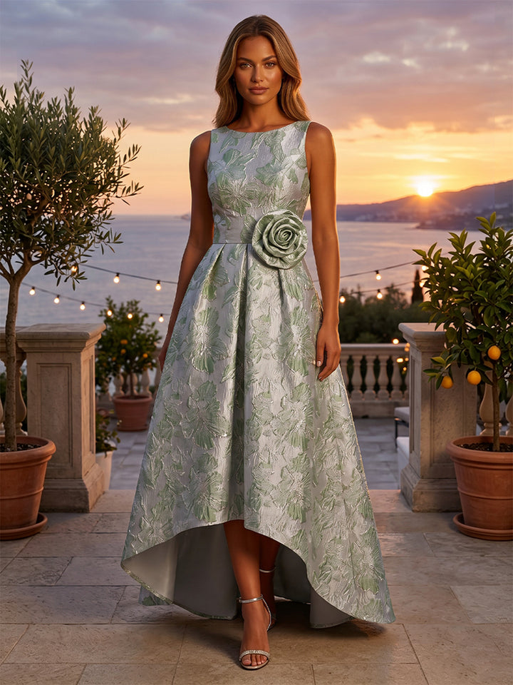 Jacquard High Low Scoop Neck 3D Flowers Ruched Evening Dresses