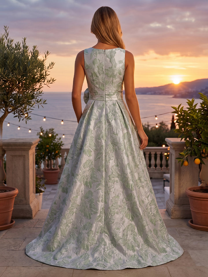 Jacquard High Low Scoop Neck 3D Flowers Ruched Evening Dresses