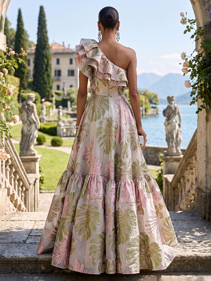 Jacquard A Line One Shoulder Ruffles Ruched Evening Dresses