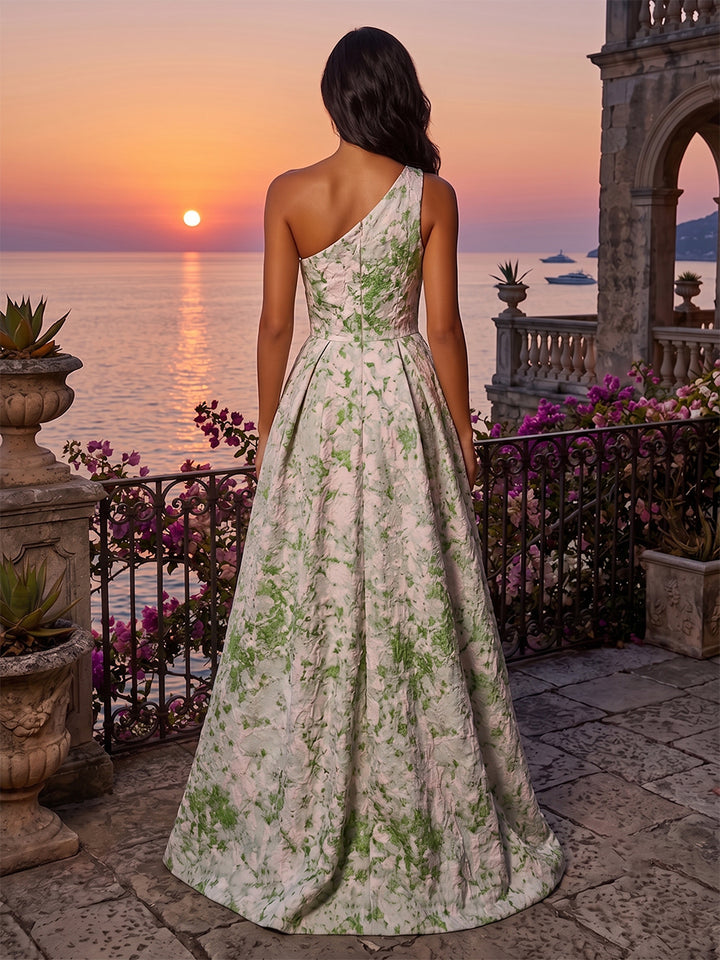Jacquard A Line One Shoulder Side Slit Ruched Evening Dresses