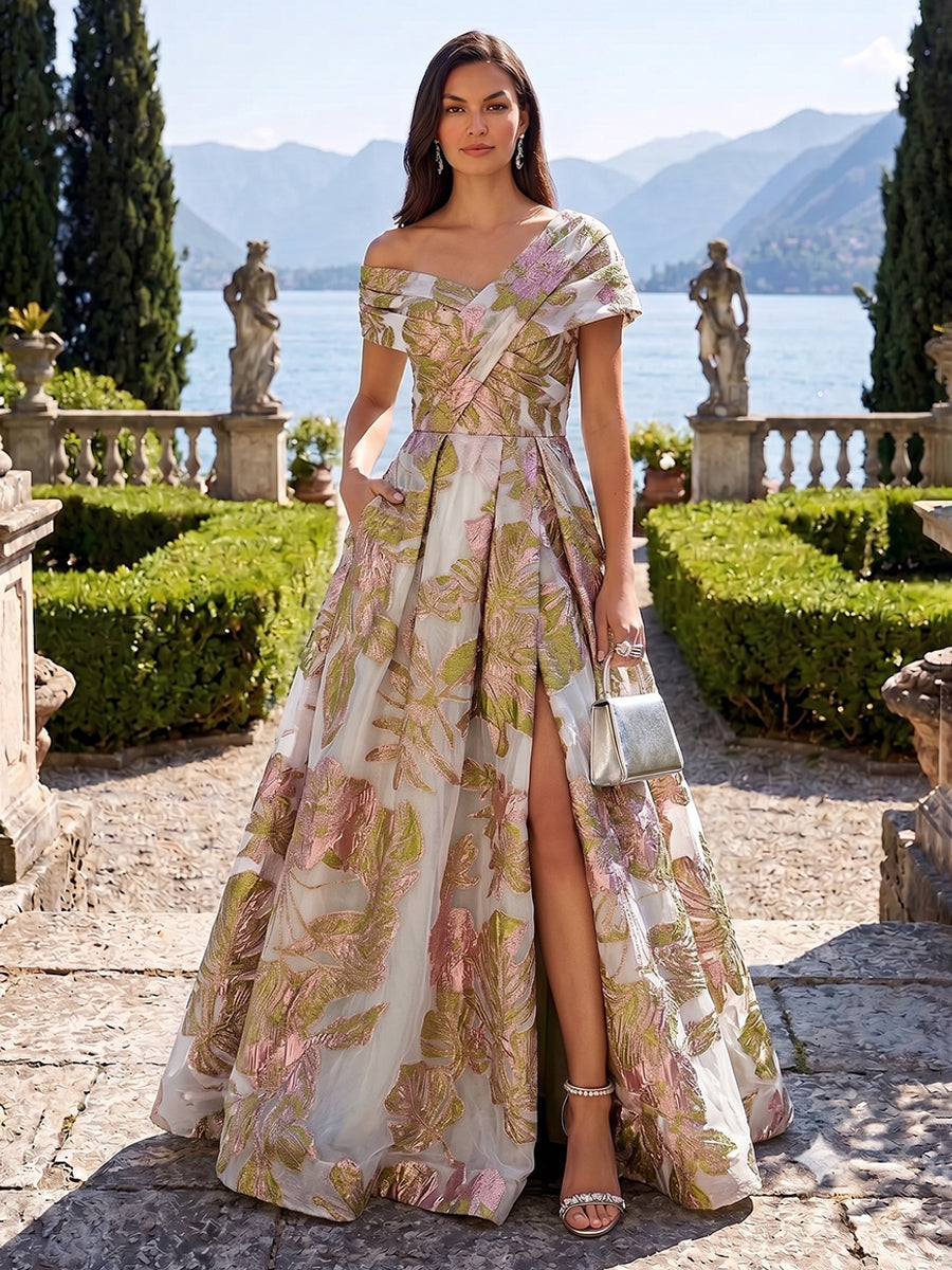 Jacquard A Line Off the Shoulder Side Slit Ruched Mother of the Bride Dresses