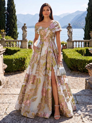 Jacquard A Line Off the Shoulder Side Slit Ruched Evening Dresses