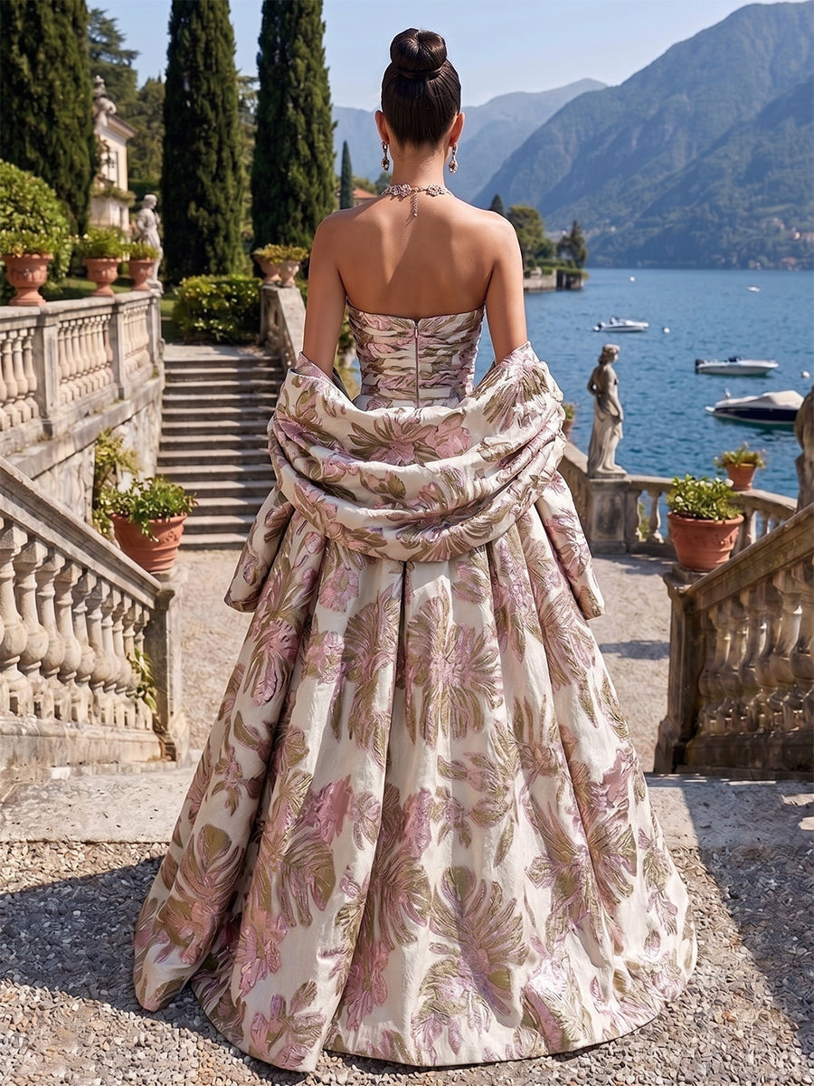 Jacquard A Line Strapless Sash Ruched Evening Dresses
