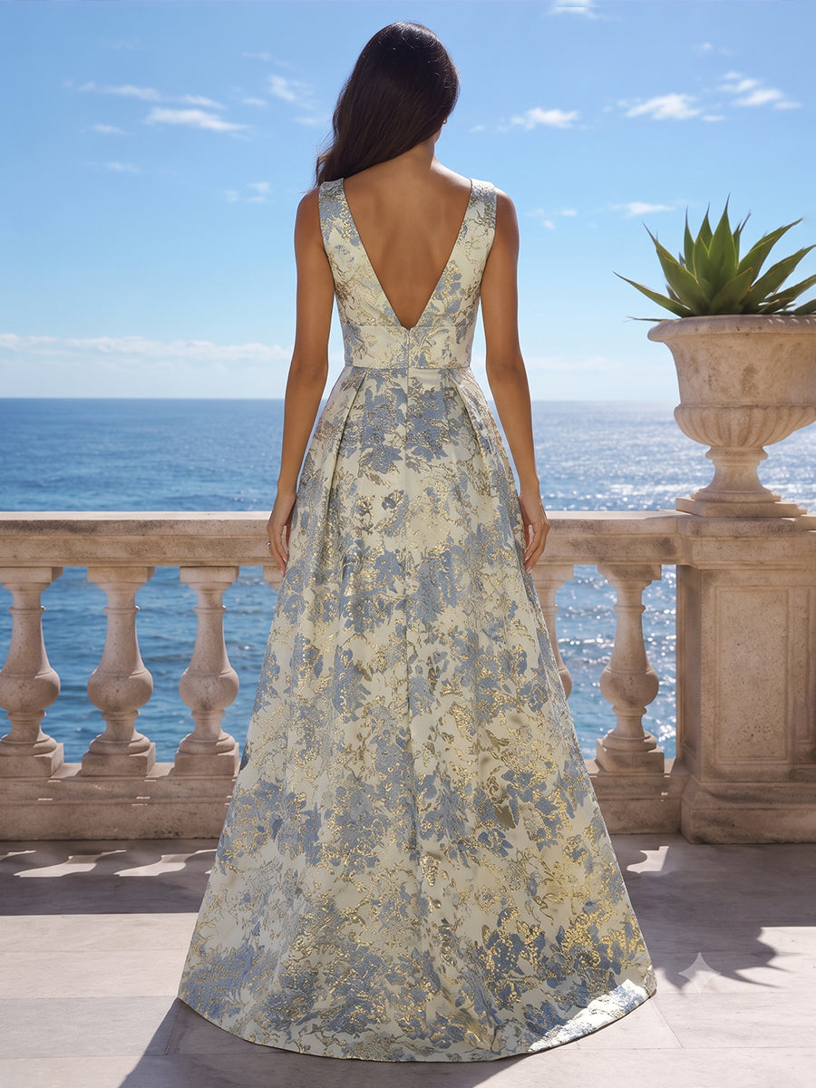 Jacquard A Line V Neck Front Slit Ruched Evening Dresses