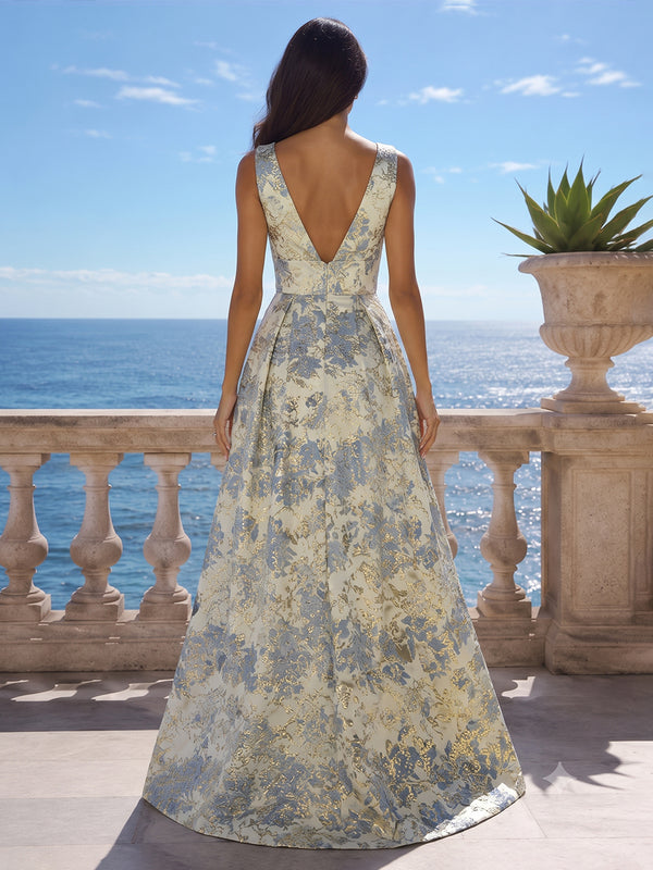 Jacquard A Line V Neck Front Slit Ruched Evening Dresses