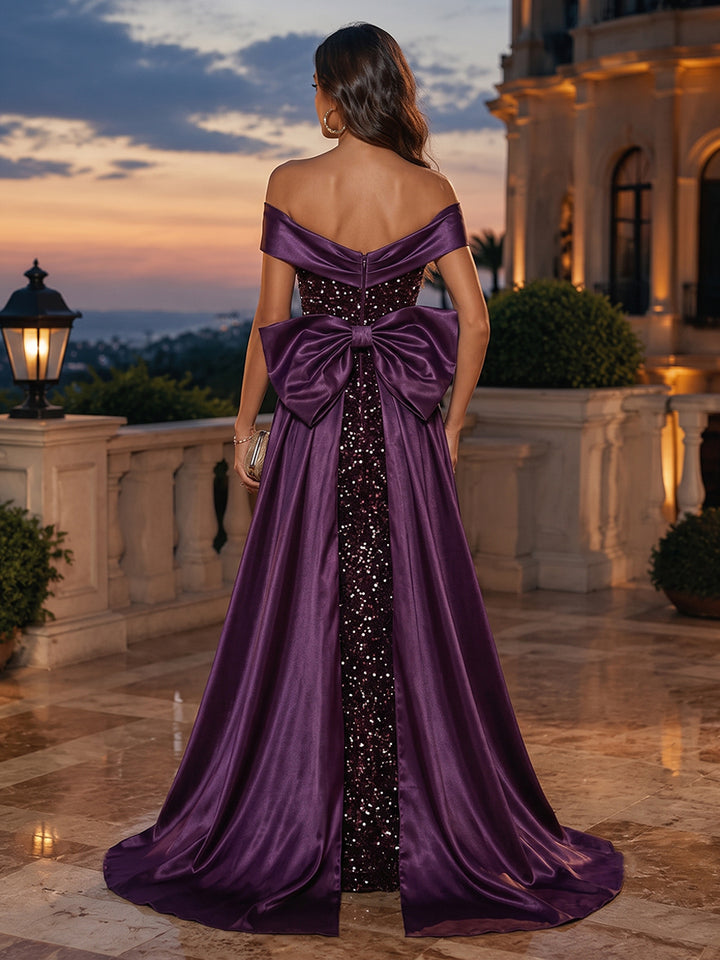 Sequin A Line Off the Shoulder Bow Ruched Evening Dresses