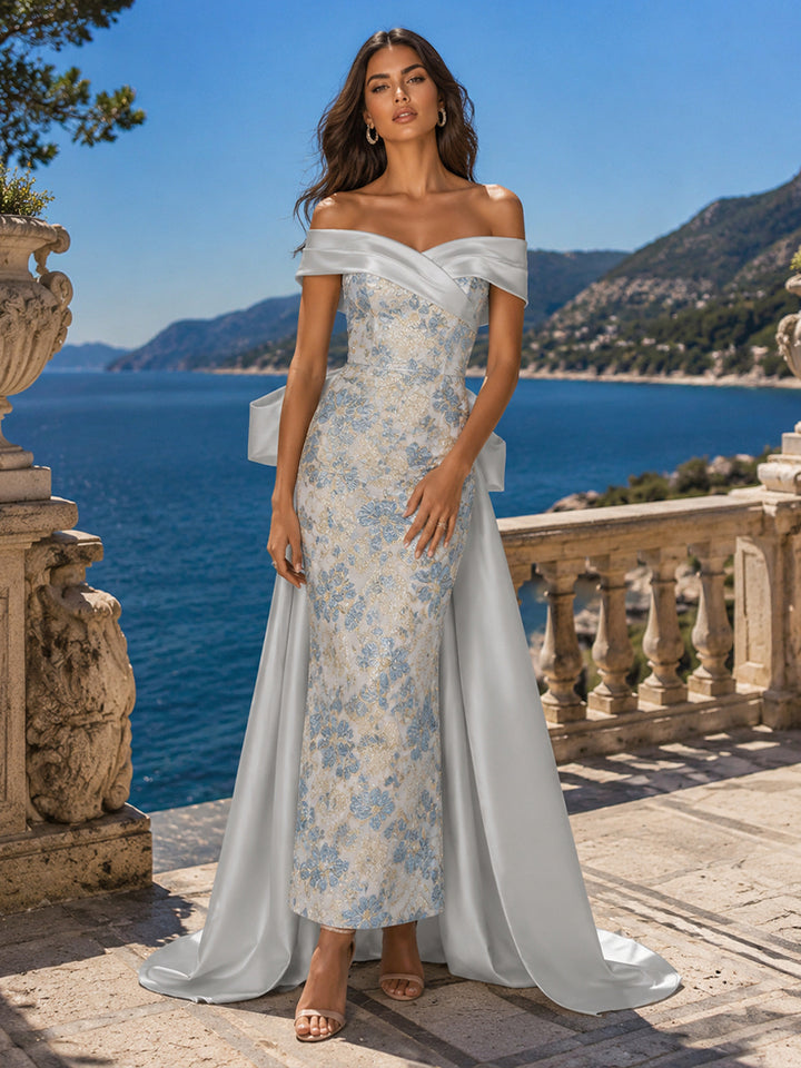 Jacquard A Line Off the Shoulder Bow Ruched Evening Dresses