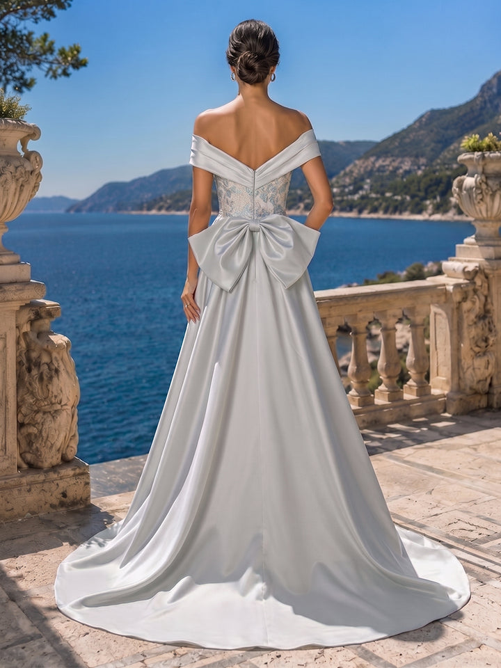 Jacquard A Line Off the Shoulder Bow Ruched Evening Dresses