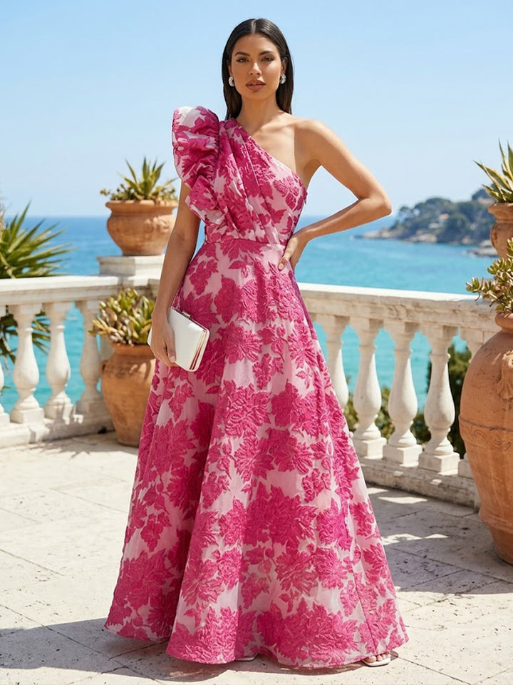 Jacquard A Line One Shoulder Ruffles Ruched Evening Dresses