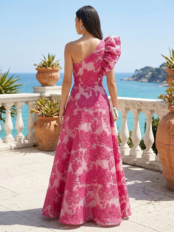 Jacquard A Line One Shoulder Ruffles Ruched Evening Dresses
