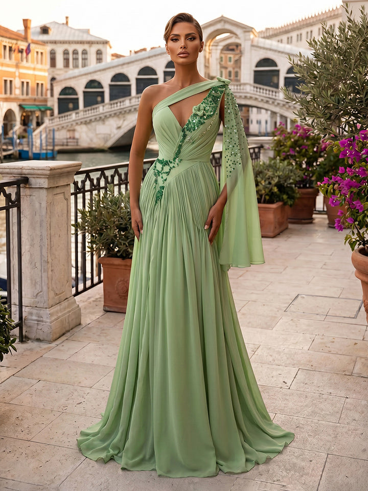 Chiffon Mermaid Asymmetric Neck Sequin Pleats Evening Dresses