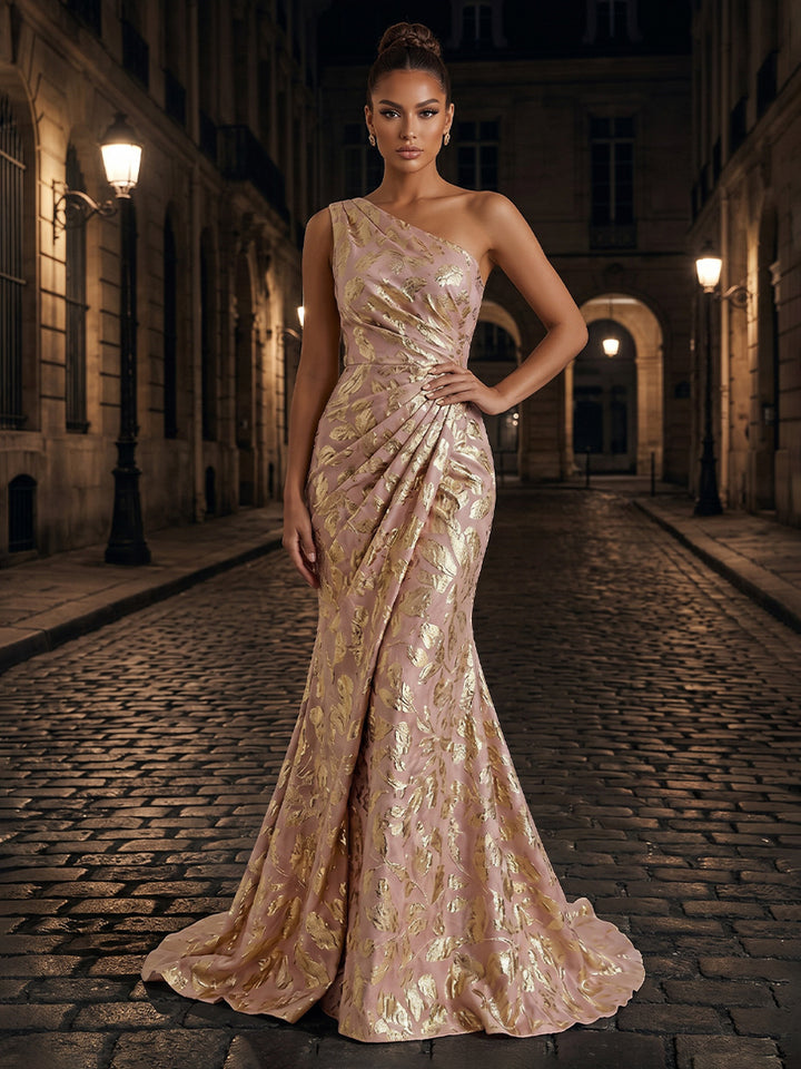 Jacquard Mermaid One Shoulder Pleats Ruched Evening Dresses