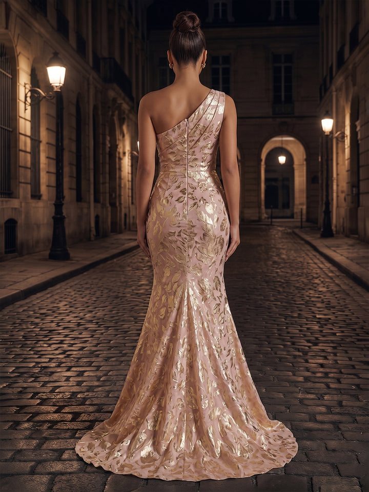 Jacquard Mermaid One Shoulder Pleats Ruched Evening Dresses