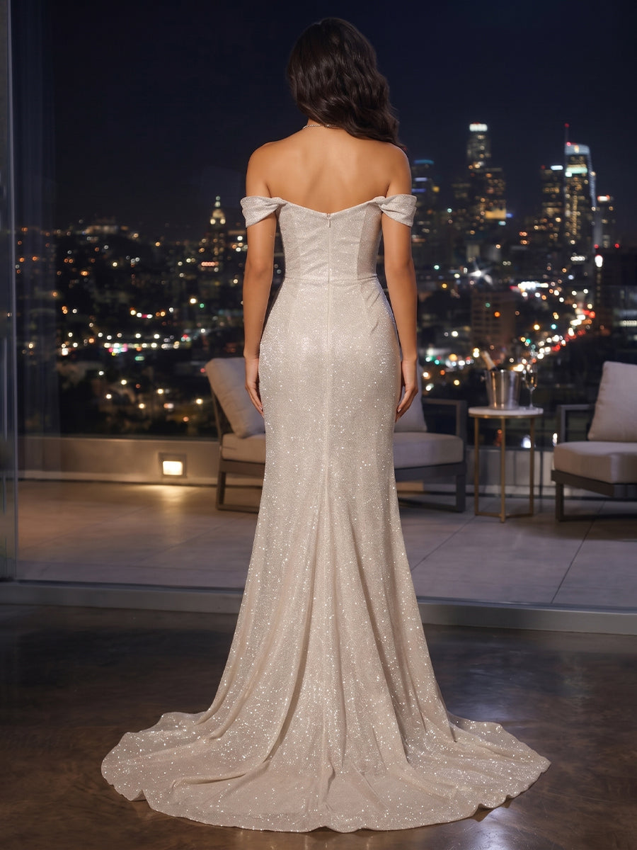 Sequin Mermaid Off the Shoulder Side Slit Ruched Evening Dresses