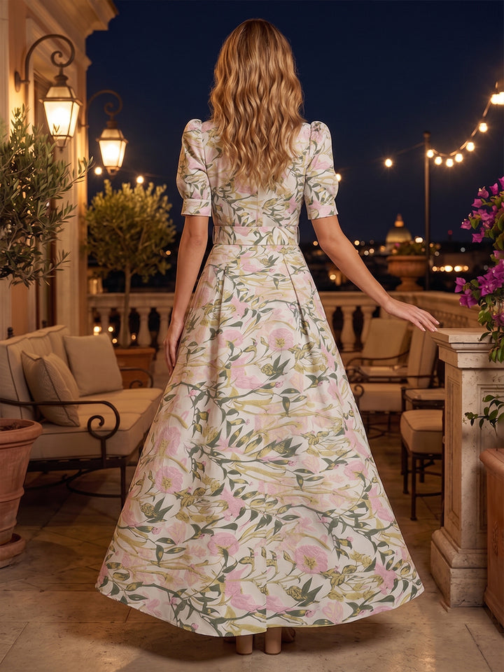 Floral Print A Line V Neck Belt Ruched Mother of the Bride Dresses